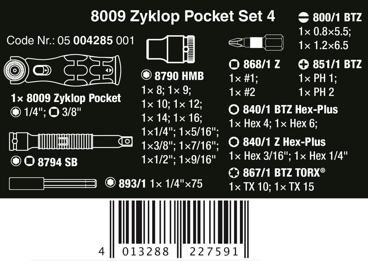 Wera 8009 Zyklop Pocket Set 4 Socket Wrench Set 3/8" Drive SAE 05004285001
