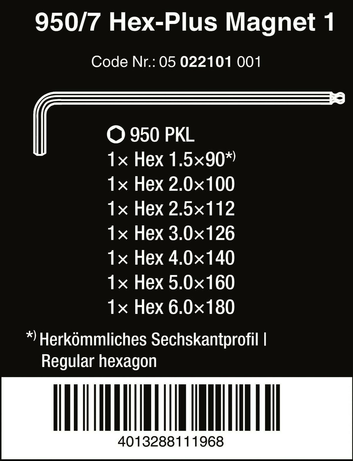 Wera 950/7 Hex-Plus Magnet 1 L-Key Set Chrome Plated Metric 7 Pieces 05022101001