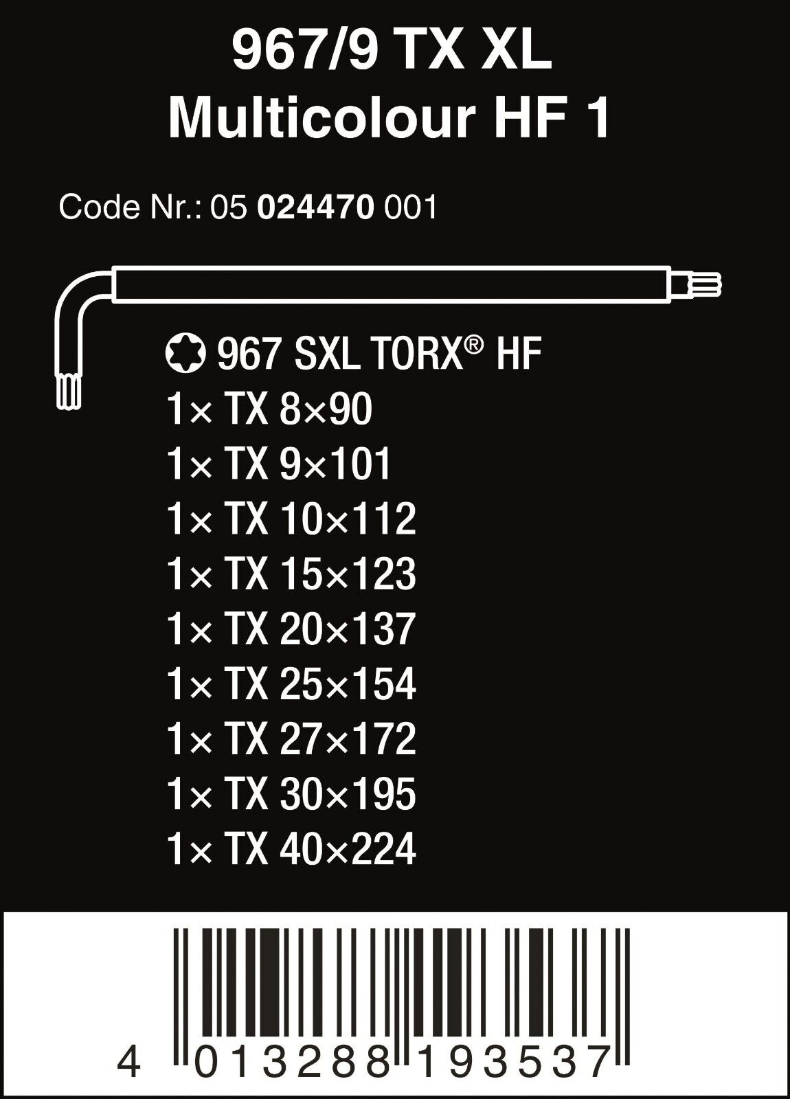 Wera 967/9 TX XL HF 1 TORX® L-Key Set With Holding Function 05024470001