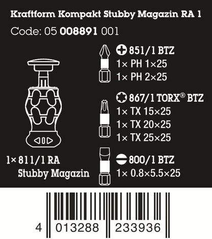 Wera Kraftform Kompakt Stubby Magazine RA 1 Screwdriver Set 6 Pieces 05008891001