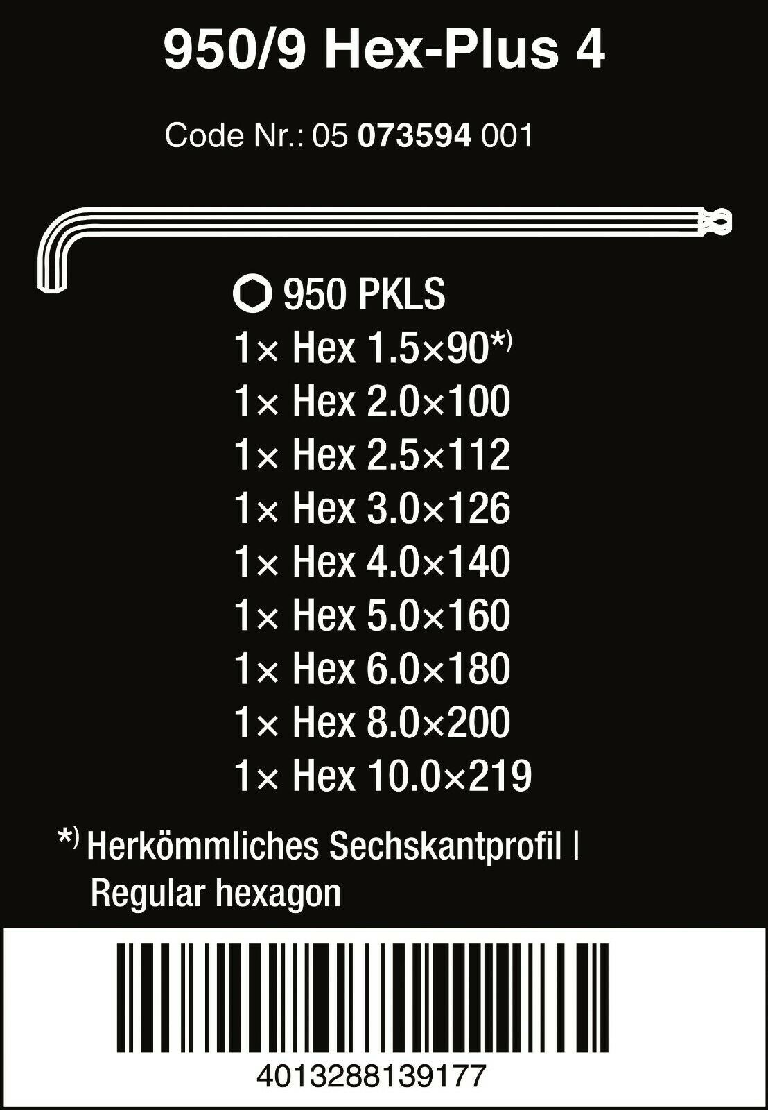 Wera 950/9 Hex-Plus 4 L-Key Set Chrome Plated Metric 9 Pieces 05073594001